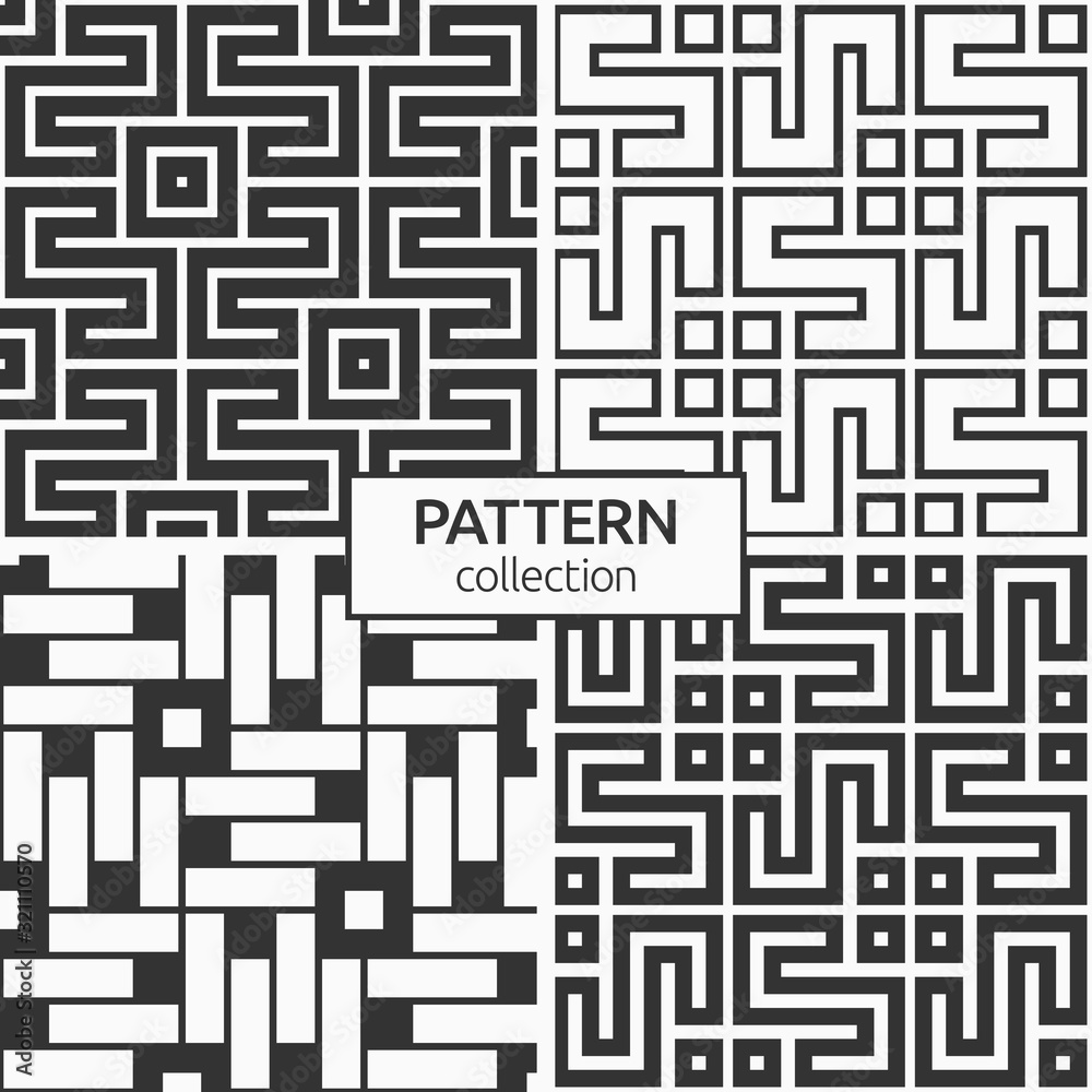Set of four Korean or Chinese seamless patterns. Repeatimg geometric symmetric ornaments. Modern stylish textures. Trellis. Symmetric lines lattices. Vector monochrome tiled ethnic backgrounds.