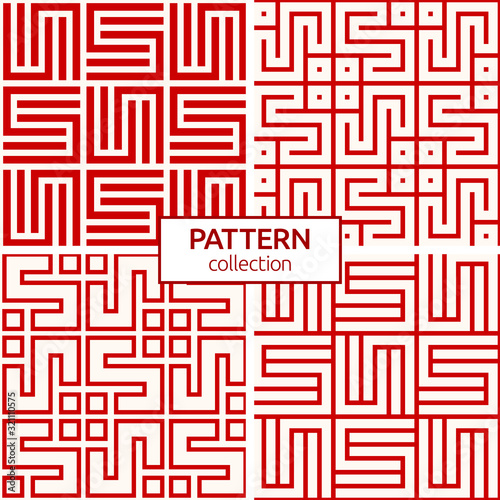 Set of four Korean or Chinese seamless patterns. Repeatimg geometric symmetric ornaments. Modern stylish textures. Trellis. Symmetric lines lattices. Vector color tiled ethnic backgrounds.