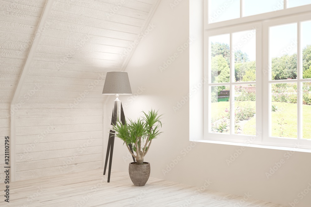 Stylish empty room in white color with summer landscape in window. Scandinavian interior design. 3D illustration Stylish empty room in white color with summer landscape in window. Scandinavian interior design. 3D illustration