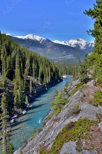 Deep steep canyon with turquoise blue wild river. Mountains covered with snow, forrest on shore, blue sky, sunny day. Rocky Mountains, Canada.