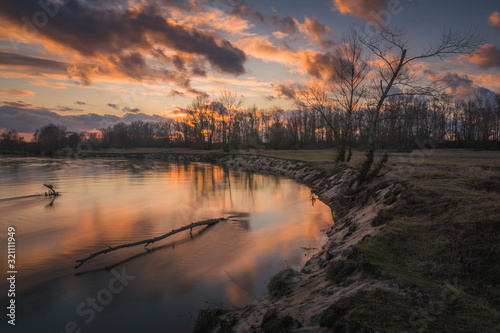 Sunset over the Pilica river near Mniszew, Poland