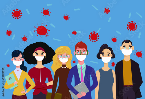 People wearing face masks, air pollution, contaminated air, world pollution. Group of coworkers wearing medical masks to prevent disease, flu, gas mask. Coronavirus