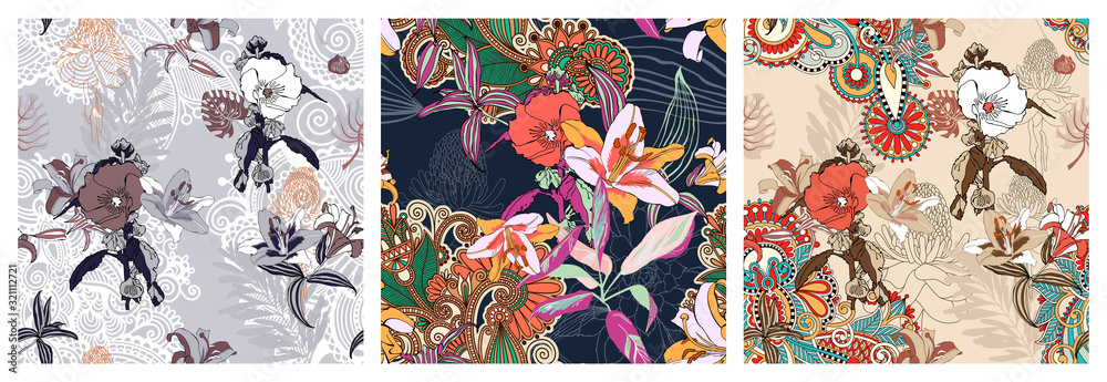 Fototapeta set of original trendy seamless artistic flower pattern, beautiful tropical floral exotic background