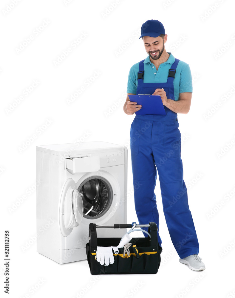 Repairman with clipboard and toolbox near washing machine on white background Repairman with clipboard and toolbox near washing machine on white background