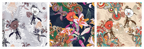 Fototapeta set of original trendy seamless artistic flower pattern, beautiful tropical floral exotic background