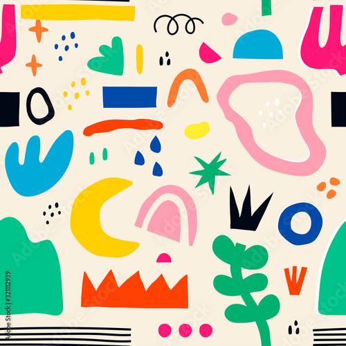 Plakat Zestaw ręcznie rysowane różne kolorowe kształty i doodle obiektów. Abstrakcjonistyczna współczesna nowożytna modna wektorowa ilustracja. Wzór. Tapeta, nadruk tekstylny