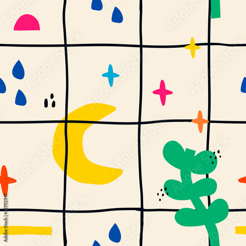 Hand drawn various colorful shapes and doodle objects. Moon stars, rain drops, leaves. Abstract contemporary modern trendy vector illustration. Seamless pattern. Wallpaper, textile print