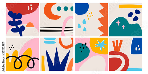 Fototapeta Set of eight abstract backgrounds. Hand drawn various shapes and doodle objects. Contemporary modern trendy vector illustrations. Every background is isolated. Pastel colors