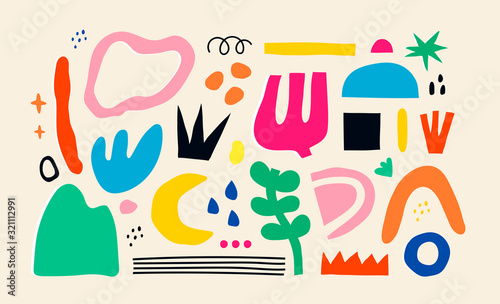 Plakat Duży zestaw ręcznie rysowane różne kolorowe kształty i doodle obiektów. Abstrakcjonistyczna współczesna nowożytna modna wektorowa ilustracja. Wszystkie elementy są odizolowane