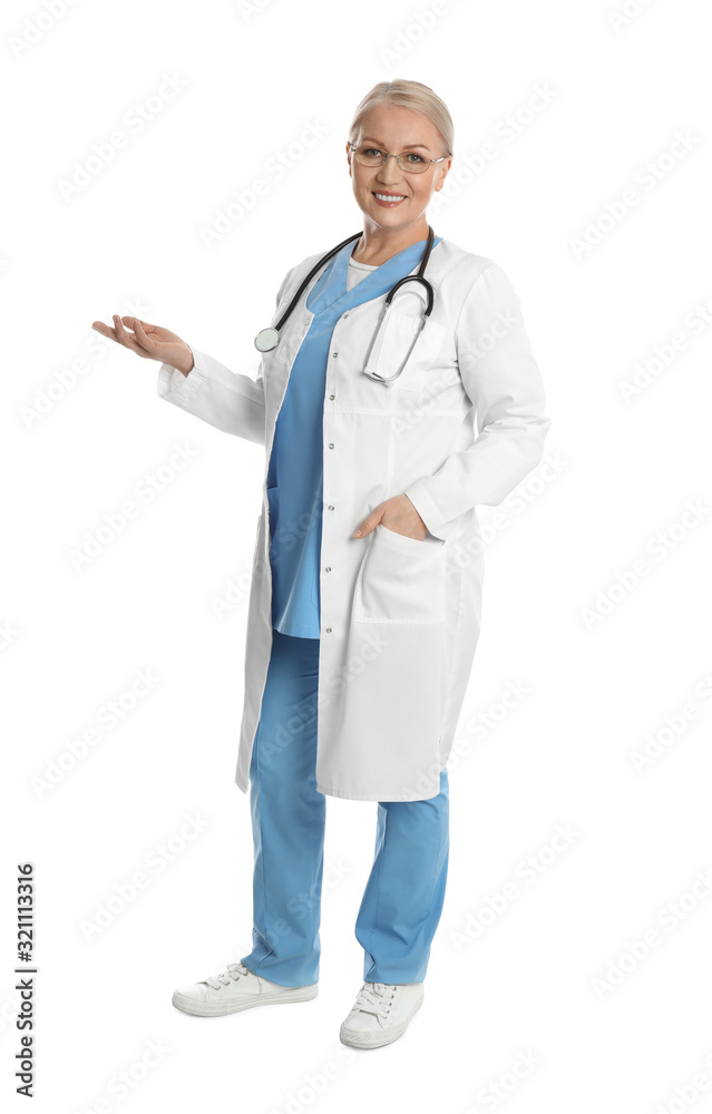 Full length portrait of mature doctor on white background