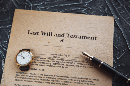 Notary's public pen and stamp on testament and last will. Notary public tools