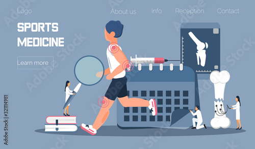 Athlete runs or jogs and tiny physicians treat and research injuries. Sports medicine vector concept for landing page. Sports medical services, doping control