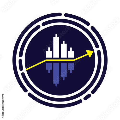 Trading forex icon vector. Bue stock market sign. Simple binary options illustrations. Arrow rises up inside