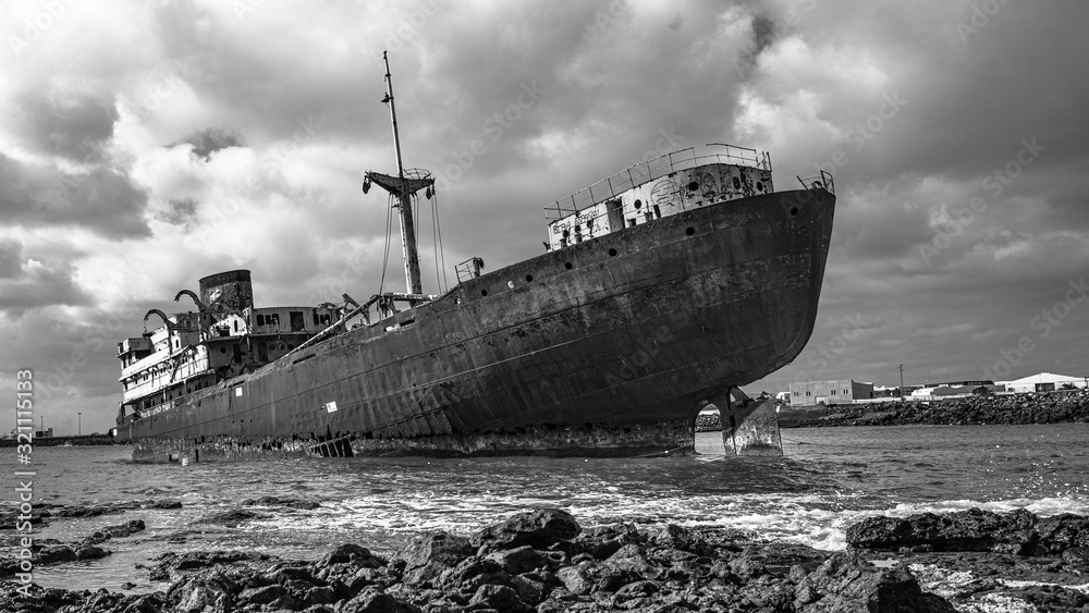 black and white photo of the shipwreck