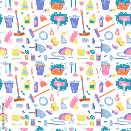 Doodle pattern of cleaning tools. Cleaning service. Home supplies. Flat hand drawn vector illustration on white background
