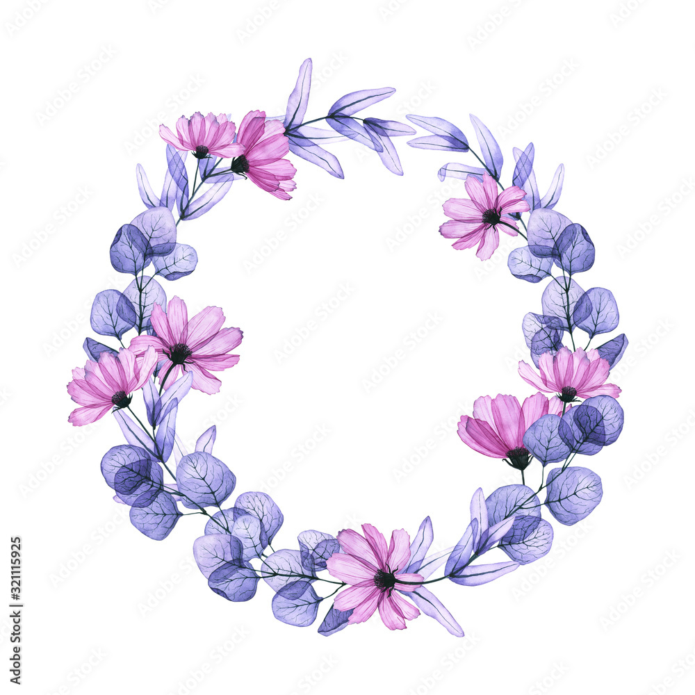 Wreath with watercolor transparent eucalyptus leaves, cosmos flower. Hand drawn illustration isolated on white. Floral round frame is perfect for greeting card, wedding invitation, logo, label, poster Wreath with watercolor transparent eucalyptus leaves, cosmos flower. Hand drawn illustration isolated on white. Floral round frame is perfect for greeting card, wedding invitation, logo, label, poster