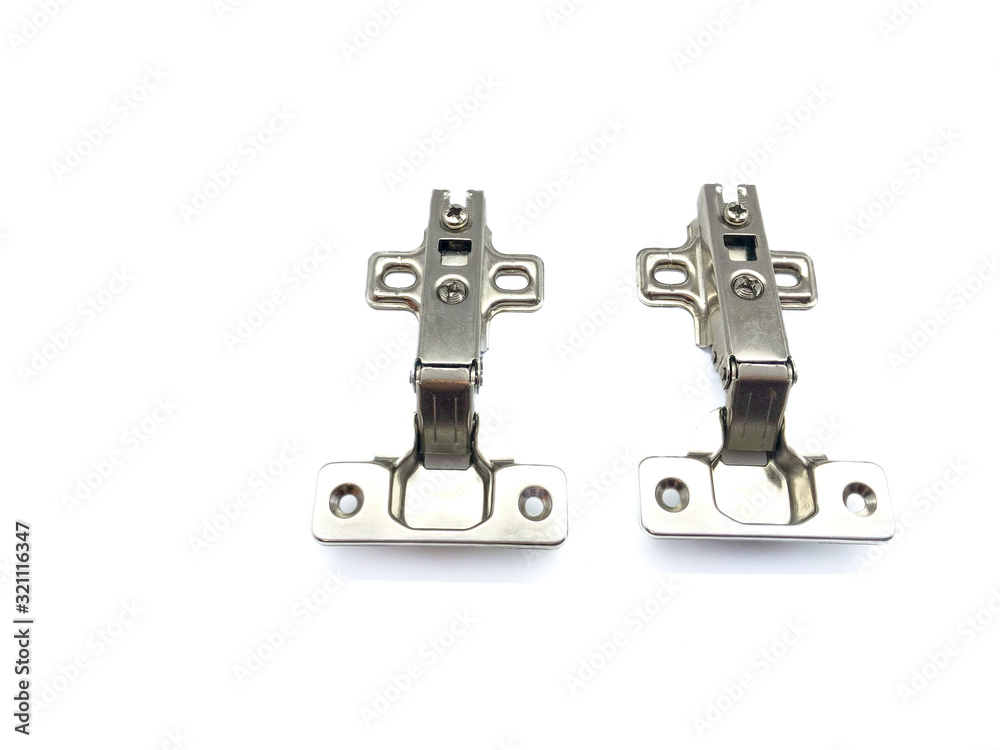 Hinges isolated on a white background. Composition loop for construction. Hinges for doors, furniture. Set of metal loops. Metal hinges. Hinges isolated on a white background. Composition loop for construction. Hinges for doors, furniture. Set of metal loops. Metal hinges.