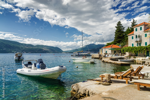 Sunny view of Kotor bay from Lustica peninsula, Montenegro. photo