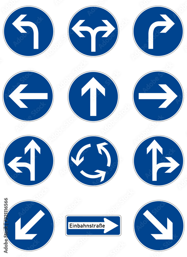 Set of road signs. The prescribed direction of movement. Germany. Europe. Vector graphics.