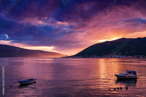 Sunset view of Kotor bay and mountains near Tivat, Montenegro. © Neonyn