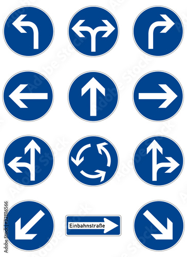 Set of road signs. The prescribed direction of movement. Germany. Europe. Vector graphics.