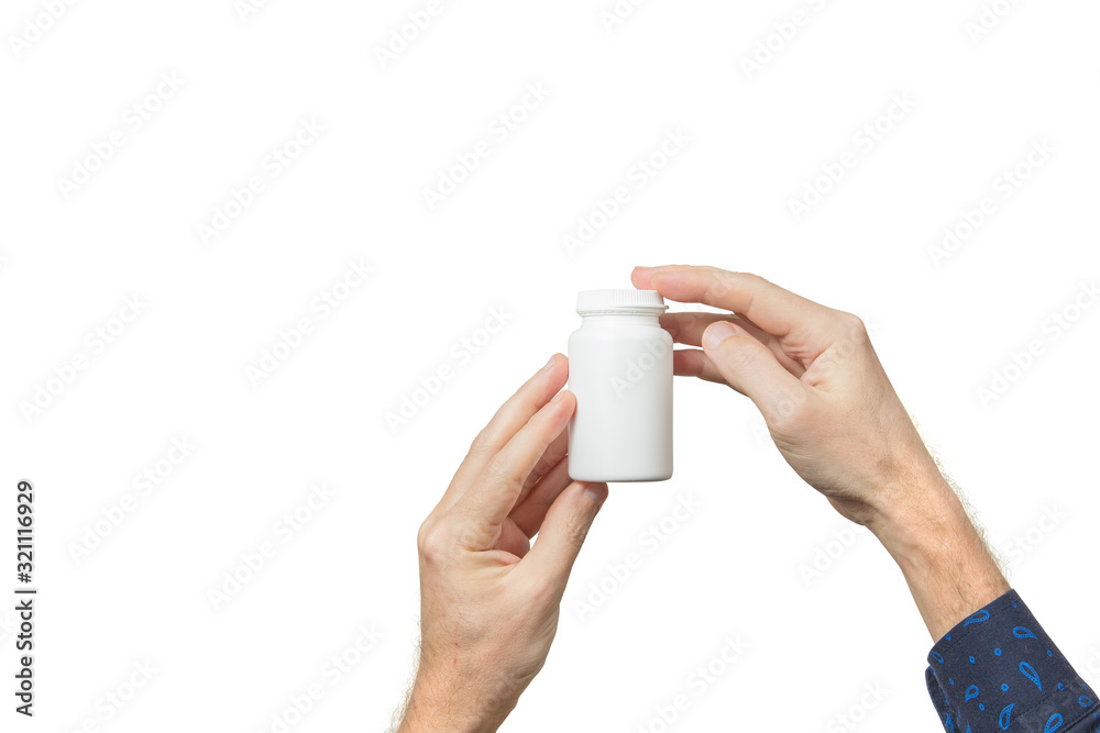 Mock up layout. Hands hold plastic container for pills. Advertising printable template with white background. Mock up layout. Hands hold plastic container for pills. Advertising printable template with white background.