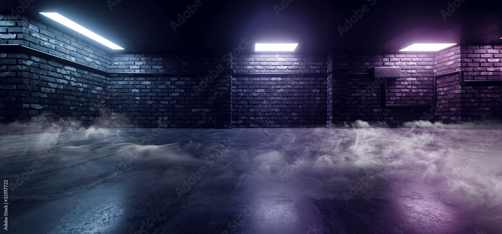 Smoke Neon Retro City Glowing Purple Blue Pantone Dark Brick parking Garage Showroom Tunnel Corridor Concrete Cement Empty Night Underground Car Studio 3D Rendering Smoke Neon Retro City Glowing Purple Blue Pantone Dark Brick parking Garage Showroom Tunnel Corridor Concrete Cement Empty Night Underground Car Studio 3D Rendering