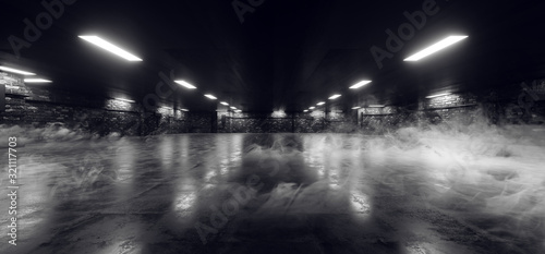 Sci Fi Modern Fog Steam Smoke Dark Brick parking Garage Showroom Tunnel Corridor Concrete Cement Empty Night Underground Car Studio 3D Rendering © IM_VISUALS