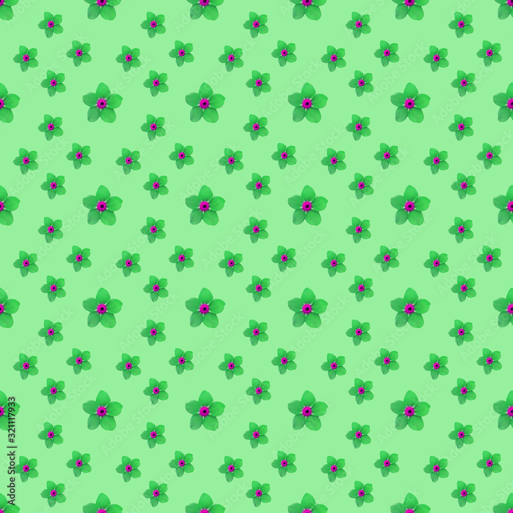 Seamless repeat pattern with green flowers on light green background. drawn fabric, gift wrap, wall art design, wrapping paper, background, fabric print, web page backdrop.
