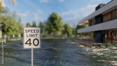 flooded road during a flood caused by heavy rain 3d rendering