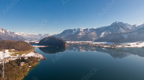Wolfgangsee Lake in Austria, aerial view. High angle view of lakes and Alps mountains 