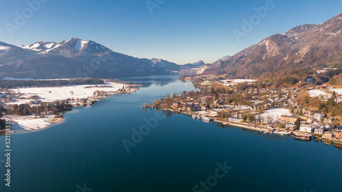Wolfgangsee Lake in Austria  aerial view. High angle view of lakes and Alps mountains 