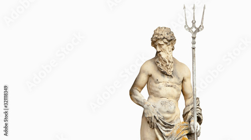 God of seas and oceans Neptune (Poseidon). Fragment of ancient statue isolated on white background.
