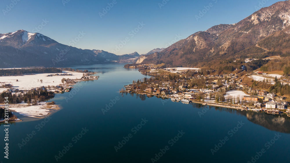 Wolfgangsee Lake in Austria, aerial view. High angle view of lakes and Alps mountains 