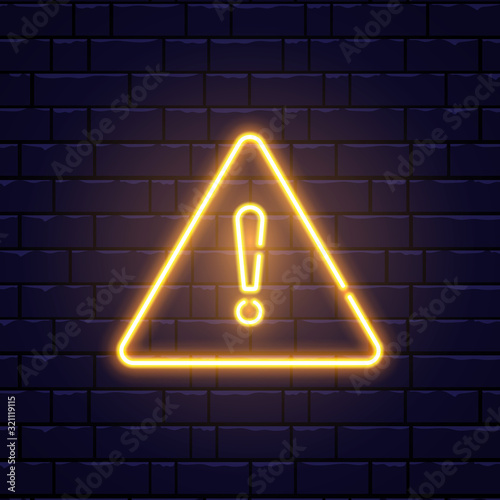 Caution neon sign on brick wall. Glowing gold exclamation mark icon. Warning symbol. Attention button. Realistic night signboard. Night bright advertising. Vector illustration