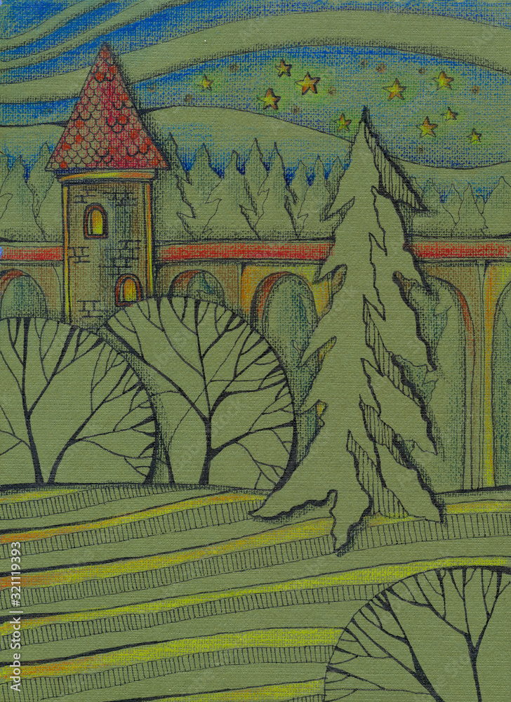 Tower with arcade in the forest at starry night. Hand drawn image.
