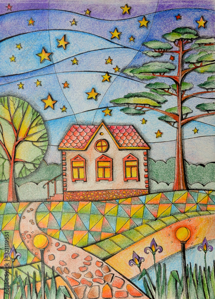 Obraz premium Summer night in village. Small country house in the garden. Beautiful landscape with trees and starry sky. Drawing by colored pencils.