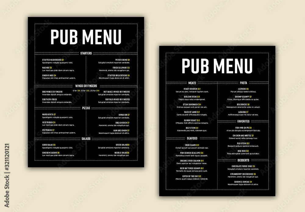 Pub Menu Layout Stock 템플릿 Adobe Stock