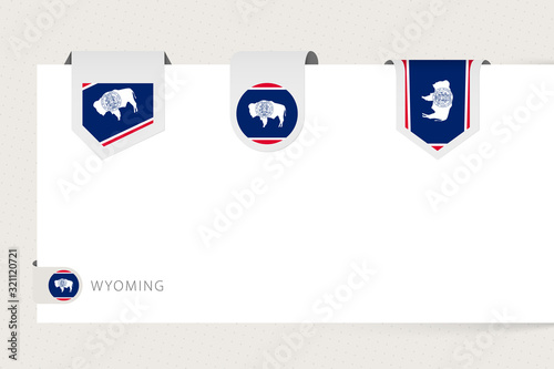 Label flag collection of US state Wyoming in different shape. Ribbon flag template of Wyoming