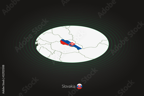 Slovakia map in dark color, oval map with neighboring countries.