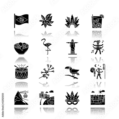 Brazilian carnival drop shadow black glyph icons set. Street party. South America traditions. Flamingo. Jesus statue. Sand castle on the coast. Isolated vector illustrations on white space