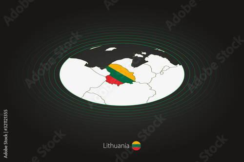 Lithuania map in dark color, oval map with neighboring countries.