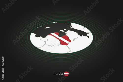 Latvia map in dark color, oval map with neighboring countries.