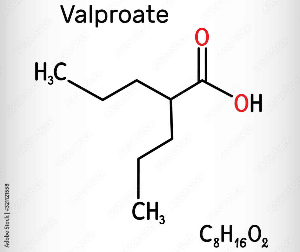 Valproate, VPA, valproic acid molecule. It is anticonvulsant and antiepileptic drug. Skeletal chemical formula Valproate, VPA, valproic acid molecule. It is anticonvulsant and antiepileptic drug. Skeletal chemical formula