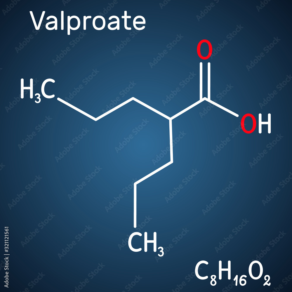 Valproate, VPA, valproic acid molecule. It is anticonvulsant and antiepileptic drug. Structural chemical formula on the dark blue background