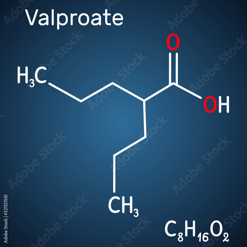 Valproate, VPA, valproic acid molecule. It is anticonvulsant and antiepileptic drug. Structural chemical formula on the dark blue background