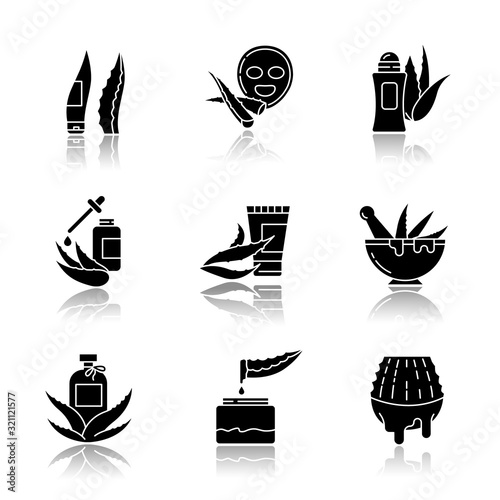 Aloe vera drop shadow black glyph icons set. Antiperspirant with medicinal herbs. Cosmetic products. Plant based cream and lotion. Cactus juice. Isolated vector illustrations on white space