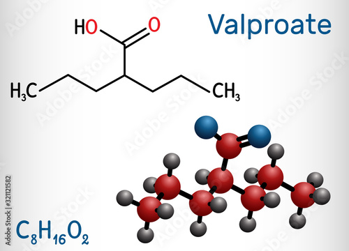 Valproate, VPA, valproic acid molecule. It is anticonvulsant and antiepileptic drug. Structural chemical formula and molecule model