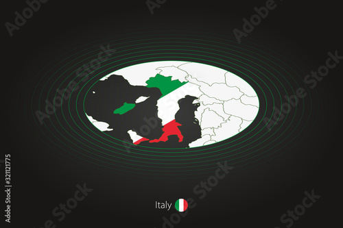 Italy map in dark color, oval map with neighboring countries.