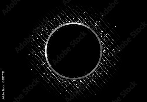 Round Frame with silver glitter by border. Realistic Holiday decoration. Black background. Vector illustration